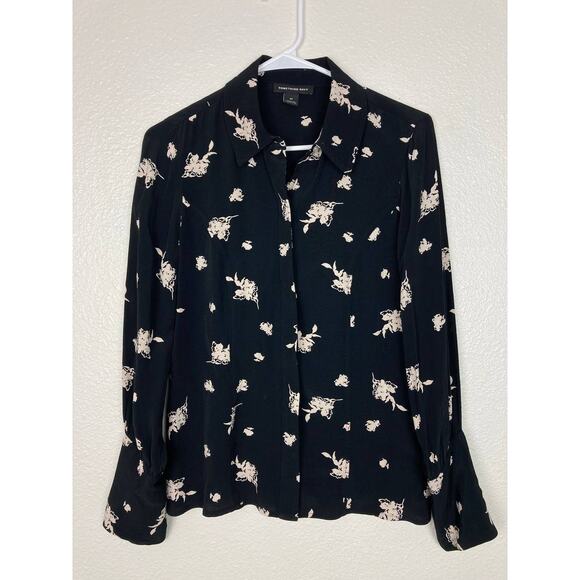 Something Navy Floral Chiffon Blouse XS Black Etched Print Long Sleeve Button Fr - Picture 1 of 8
